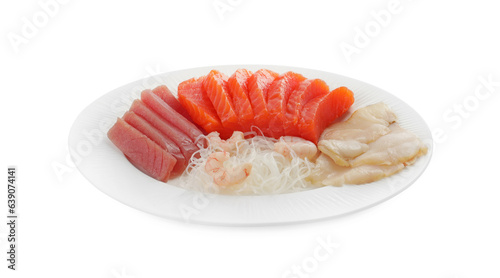 Tasty sashimi set (raw tuna, slices of salmon, shrimp and oily fish) served with funchosa isolated on white