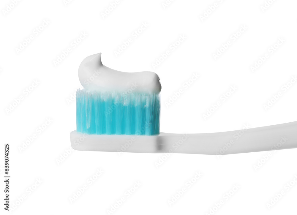 Plastic toothbrush with paste on white background, closeup Plastic toothbrush with paste on white background, closeup