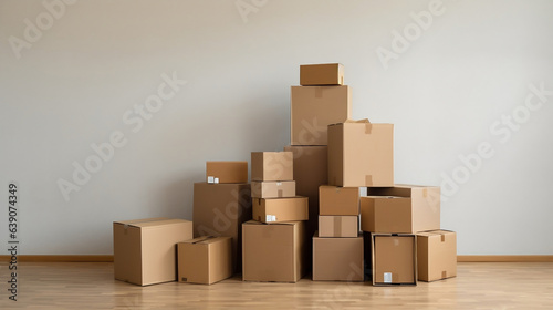 Cajas de cartón de mudanza sobre fondo blanco y suelo de madera.