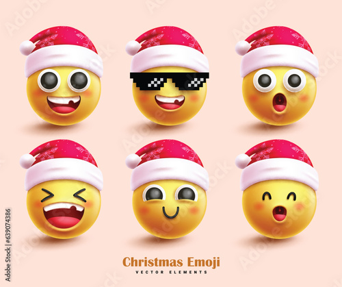 Christmas emoji characters vector set design. Emojis characters wearing santa hat elements for christmas season elements. Vector illustration yellow emoticon xmas collection.
