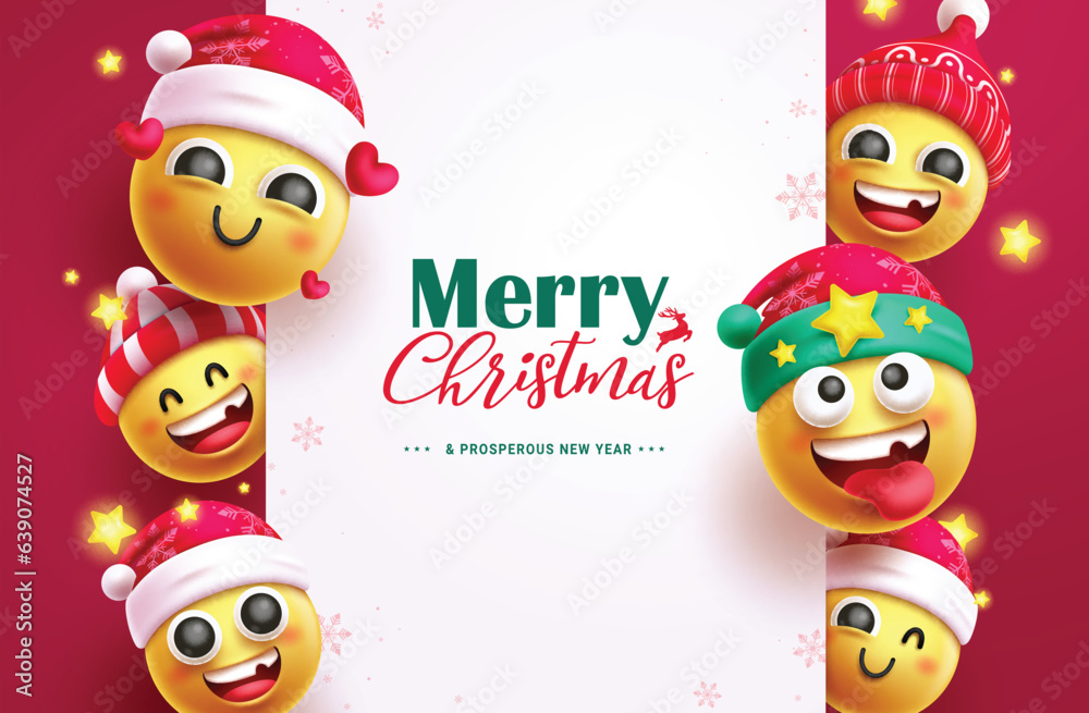 Fototapeta premium Merry christmas text vector template design. Christmas emojis characters wearing santa hat in happy, funny and naughty facial expression. Vector illustration holiday greeting card background. 