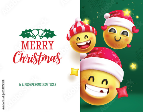 Christmas emojis characters vector template design. Merry christmas text in empty space with cute funny emoji character for greeting card background. Vector illustration greeting card design.
