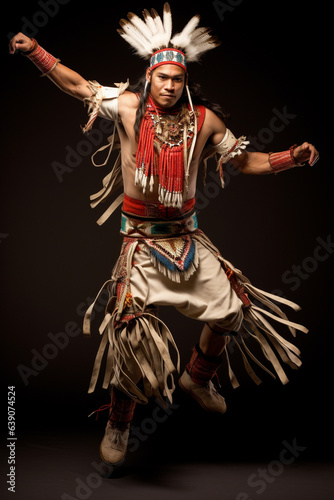 Young male aboriginal man in traditional costume engaged in dance. 