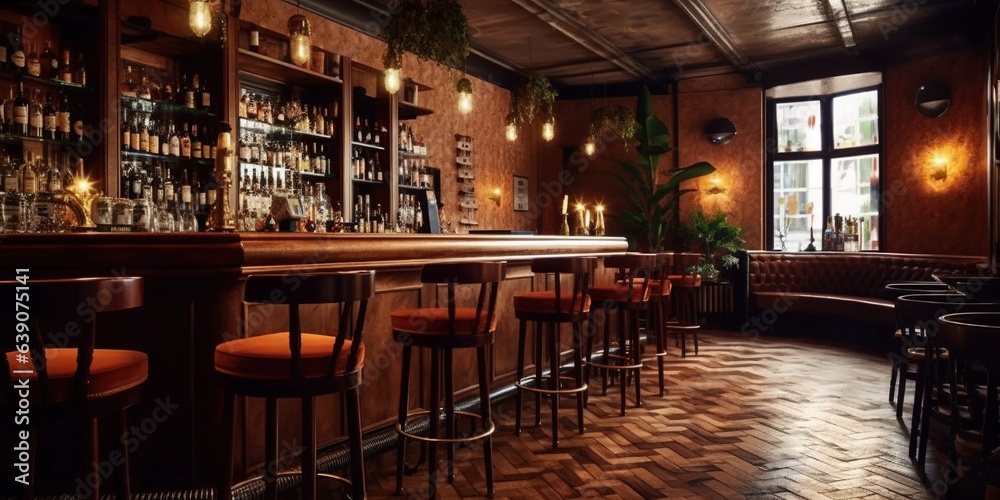 Vintage bar interior design with a row of wooden bar tables and stools.