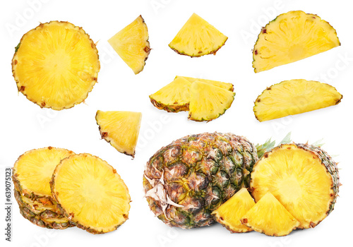 Set with cut and whole pineapples isolated on white
