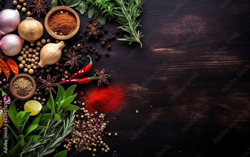 Spices and herbs on dark background, Generative AI illustrations Spices and herbs on dark background, Generative AI illustrations