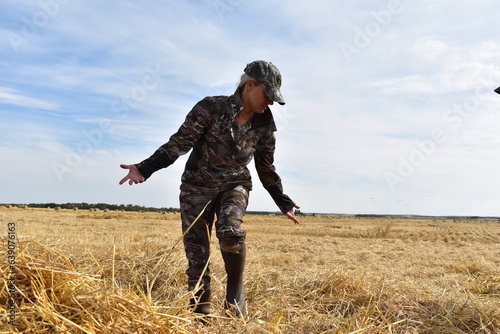 Woman Hunter in Field Making a Layout Blind for Waterfowl Hunt in Canada