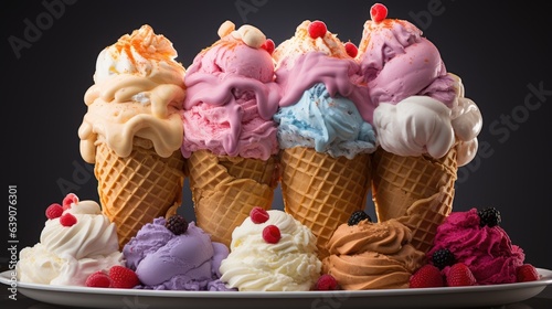 Image of ice cream in cones on a black background.