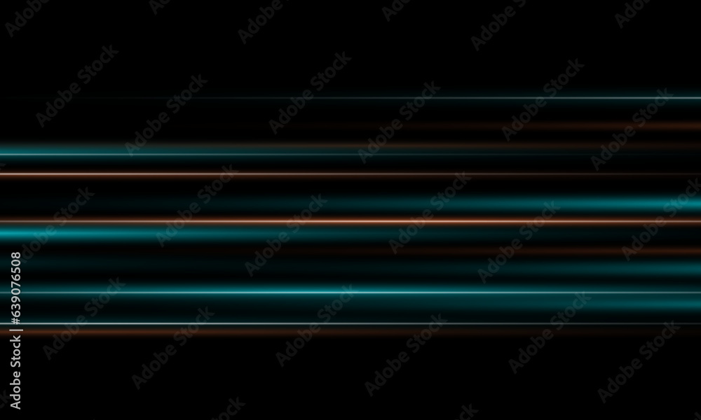 The light effect design. Vector blur in the light of radiance. Light and stripes moving fast over dark background. Element of decor. Horizontal rays of light.