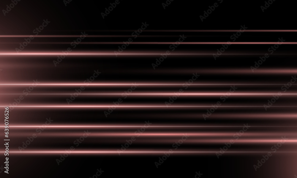 The light effect design. Vector blur in the light of radiance. Light and stripes moving fast over dark background. Element of decor. Horizontal rays of light.