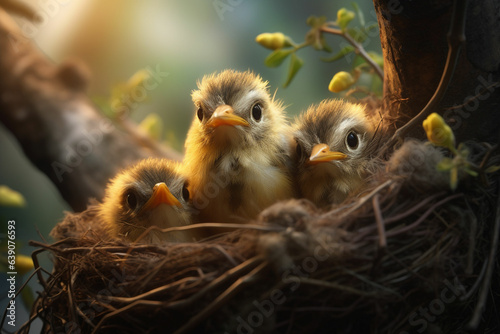Baby birds in the nest on nature background. photo