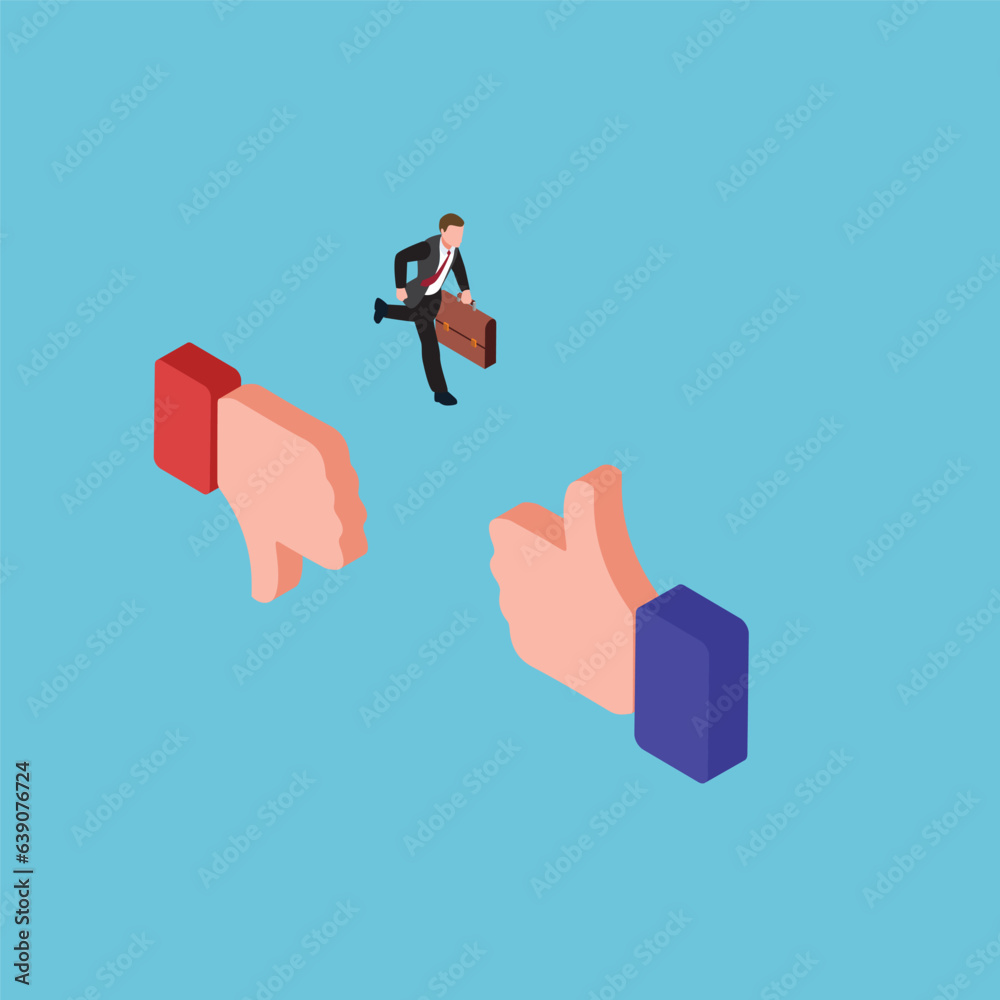 Businessman jumping from a thumbs down to a thumbs up icon roadmap to success isometric 3d vector concept for banner, website, illustration, landing page, etc