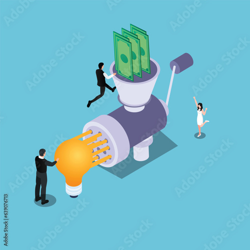 Pennies fall into a meat grinder and turn into an idea isometric 3d vector concept for banner, website, illustration, landing page, etc