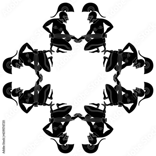 Geometrical ethnic frame with ancient Greek warriors. Vase painting style. Black and white silhouette.