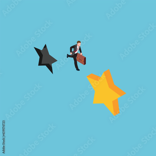 Smart businessman jump from old to new shiny star isometric 3d vector concept for banner, website, illustration, landing page, etc