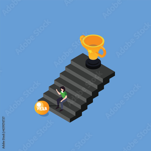 Businesswoman chained to a fear ball unable to grow and achieve success isometric 3d vector concept for banner, website, illustration, landing page, etc