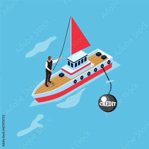 Financial dependence on credit, the ship is sinking isometric 3d vector concept for banner, website, illustration, landing page, etc