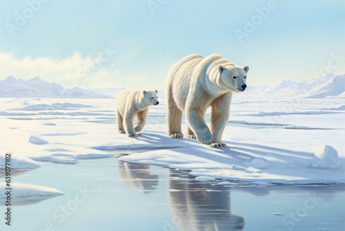 Three polar bears on the pack ice, north of Svalbard Arctic Norway.