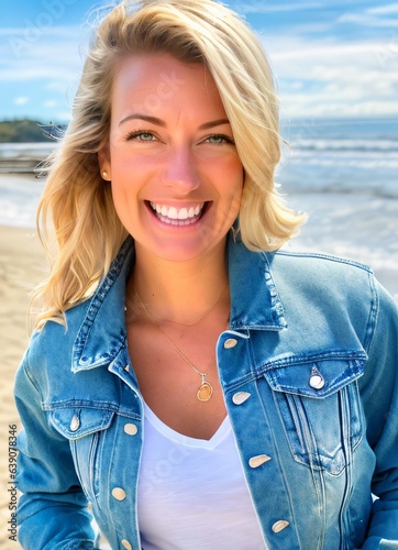 Beautiful Blonde Woman with jean jacket on beach