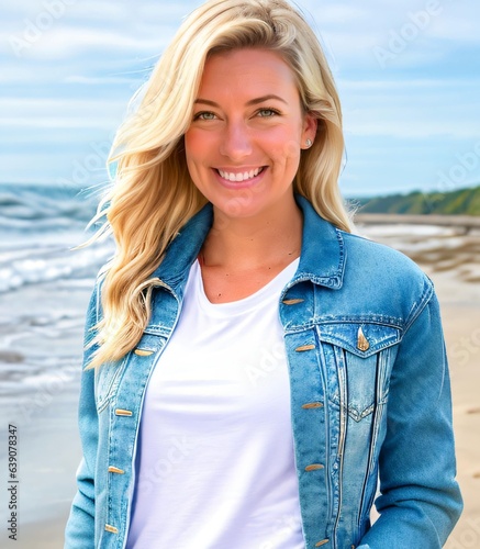 Beautiful Blonde Woman with jean jacket on beach
