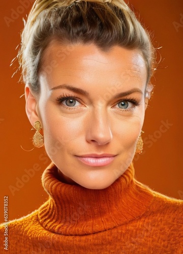 Beautiful Blonde Woman with Orange Turtleneck Sweater