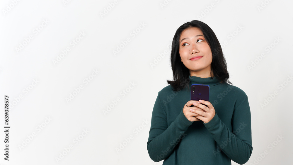Holding Smartphone Smiling and looking up Of Beautiful Asian Woman Isolated On White Background Holding Smartphone Smiling and looking up Of Beautiful Asian Woman Isolated On White Background