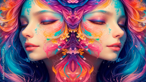 Dreamy Tranquility: Woman Amidst Multicolored Paints - A Captivating Illustration of Inner Peace and Transformation