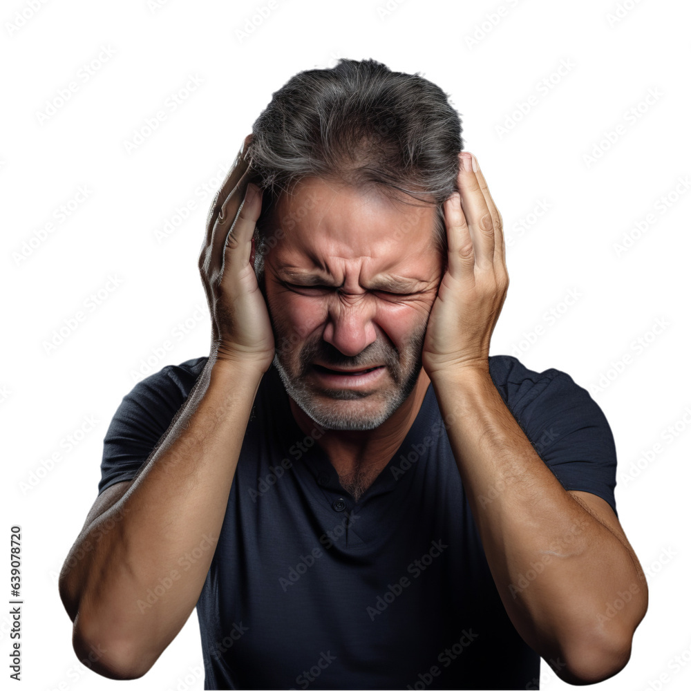 A man in distress covering his ears with his hands A man in distress covering his ears with his hands