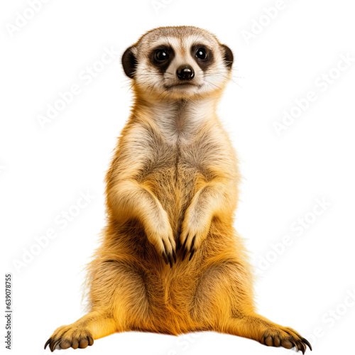A meerkat standing tall on a vibrant yellow background