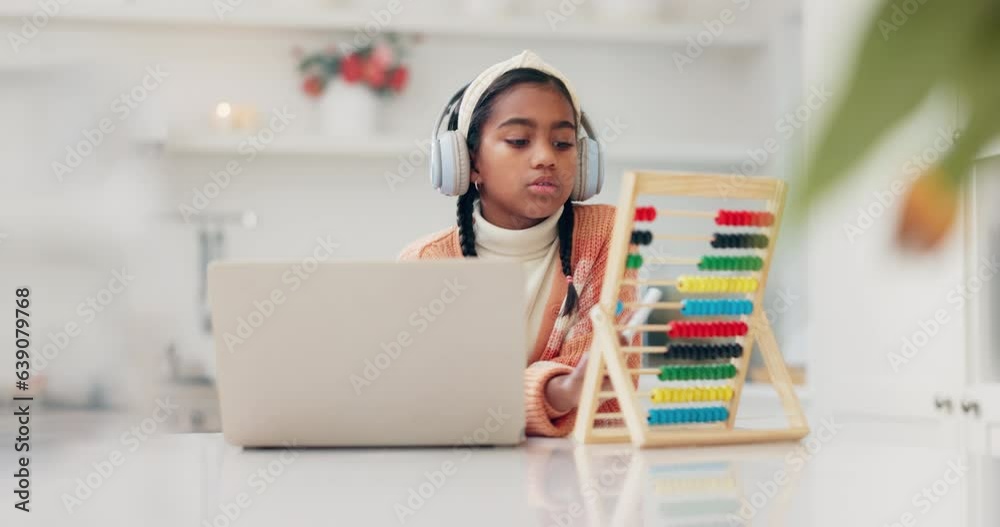 Online, abacus and laptop with child and headphones for learning and math homework. Elearning, computer and happy girl with smile from school studying, virtual development and web class in a home