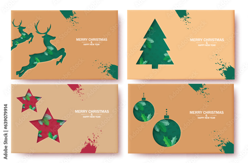 Christmas brown tags vector banner set design. Merry christmas greeting text in brown color space with paper cut style elements decoration. Vector illustration greeting card collection.
 - obrazy, fototapety, plakaty 