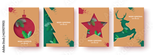 Christmas brown tags vector poster set design. Merry christmas and happy new year greeting text in brown color lay out collection card. Vector illustration tags and sticker in paper cut.
 photo