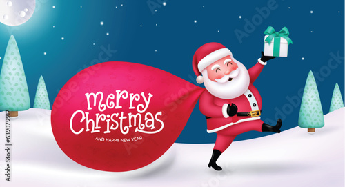 Christmas santa claus character vector design. Merry christmas and happy new year greeting text in santa claus red sack in winter snow background. Vector illustration xmas seasonal card design.
