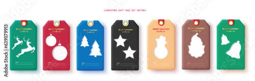 Christmas gifts tags vector set design. Merry christmas and happy new year greeting tags with paper cut style elements for holiday season decoration. Vector illustration gift tag collection. 
