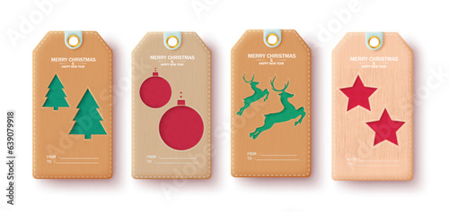 Merry christmas gifts tags vector set design. Christmas seasonal greeting card for gift tags and sticker in brown color lay out collection. Vector illustration holiday season tags.
