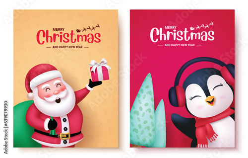 Christmas greeting card vector poster set design. Merry christmas and happy new year text with santa claus and penguin characters in postcard lay out. Vector illustration holiday season tags 