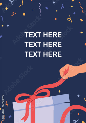 Christmas gift box opening. Lovely birthday cards, holiday greetings, surprise party design. Celebration Surprise Gift.