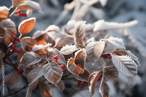 Tropical garden with flowers and plants under the snow.