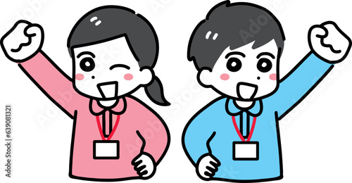 笑顔でガッツポーズをしている介護士の若い男女(上半身・ポロシャツ)