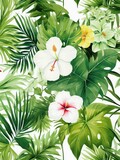 Lush green tropical flower collage copy space pattern wallpaper on white