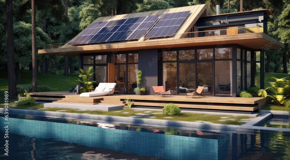 Modern house with patio area and solar panels, many trees and a pool, generative AI	