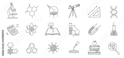 Laboratory doodle icon set. Hand drawn sketch line doodle style scientific education, chemistry laboratory, medicine experiment icon. Microscope, atom, magnet outline element. Vector illustration.