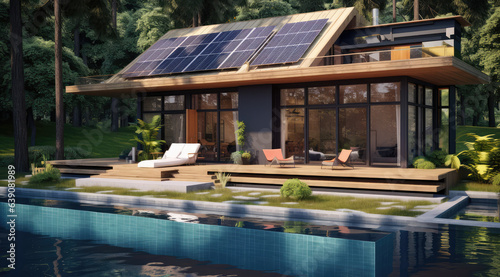 Modern house with patio area and solar panels, many trees and a pool, generative AI	