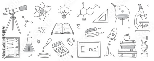 Doodle science, education school icon. Hand drawn sketch style doodle science background. School chemistry, physics education, biology concept icon. Hand drawn line vector illustration.