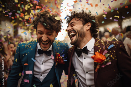 Smiling gay couple dancing on their wedding day, Gay wedding, grooms leave village church after being married to smiles and confetti, Portrait of happy gay couple on their wedding day 