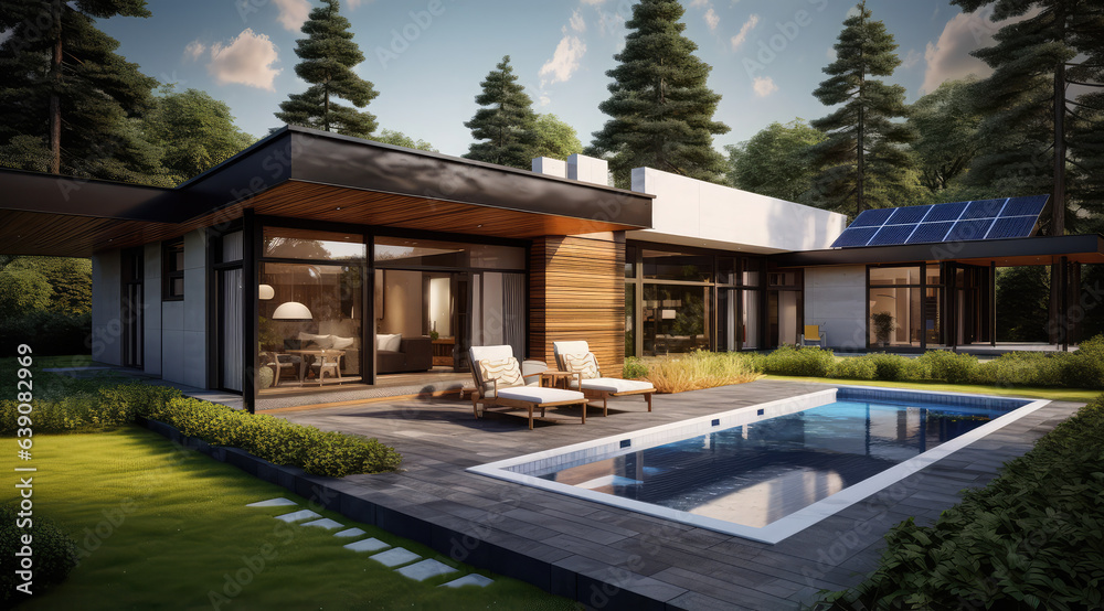 Modern house with patio area and solar panels, many trees and a pool, generative AI	