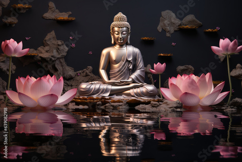 Buddha sitting on a lotus with glowing light, generative AI 