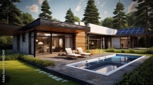 Modern house with patio area and solar panels, many trees and a pool, generative AI  © Kien