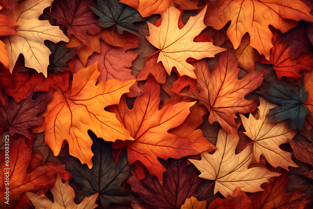 Close of colorful maple leaves on the floor. Fall or autumn. Patterns