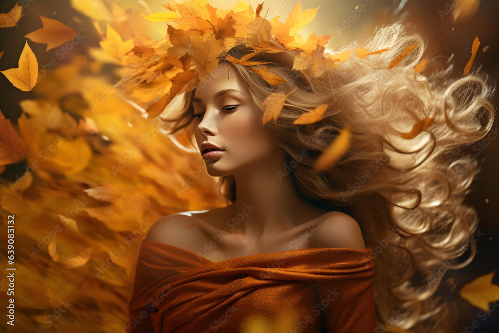 Fototapeta premium Portrait of a beautiful woman in an autumn leaves background. Autumn.Fall season concept. 